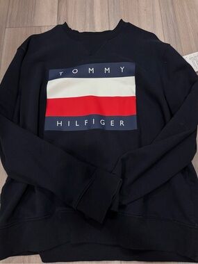 Tommy Hilfiger Navy Crewneck Sweatshirt with Red & White Logo Panel